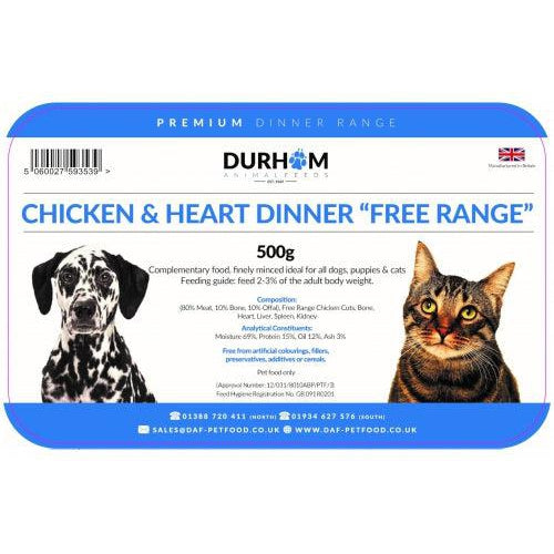 Durham Animal Feeds Chicken & Heart Dinner 500g-Pettitt and Boo
